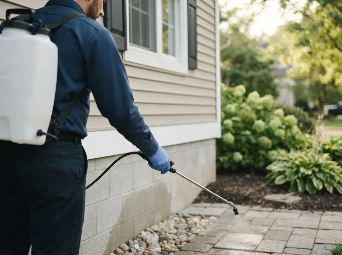 Pest control technician inspecting a home in East Walpole, MA